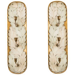 Pair of Italian Art Deco Carved, Painted, and Gilt Leaf Design Wall Sconces