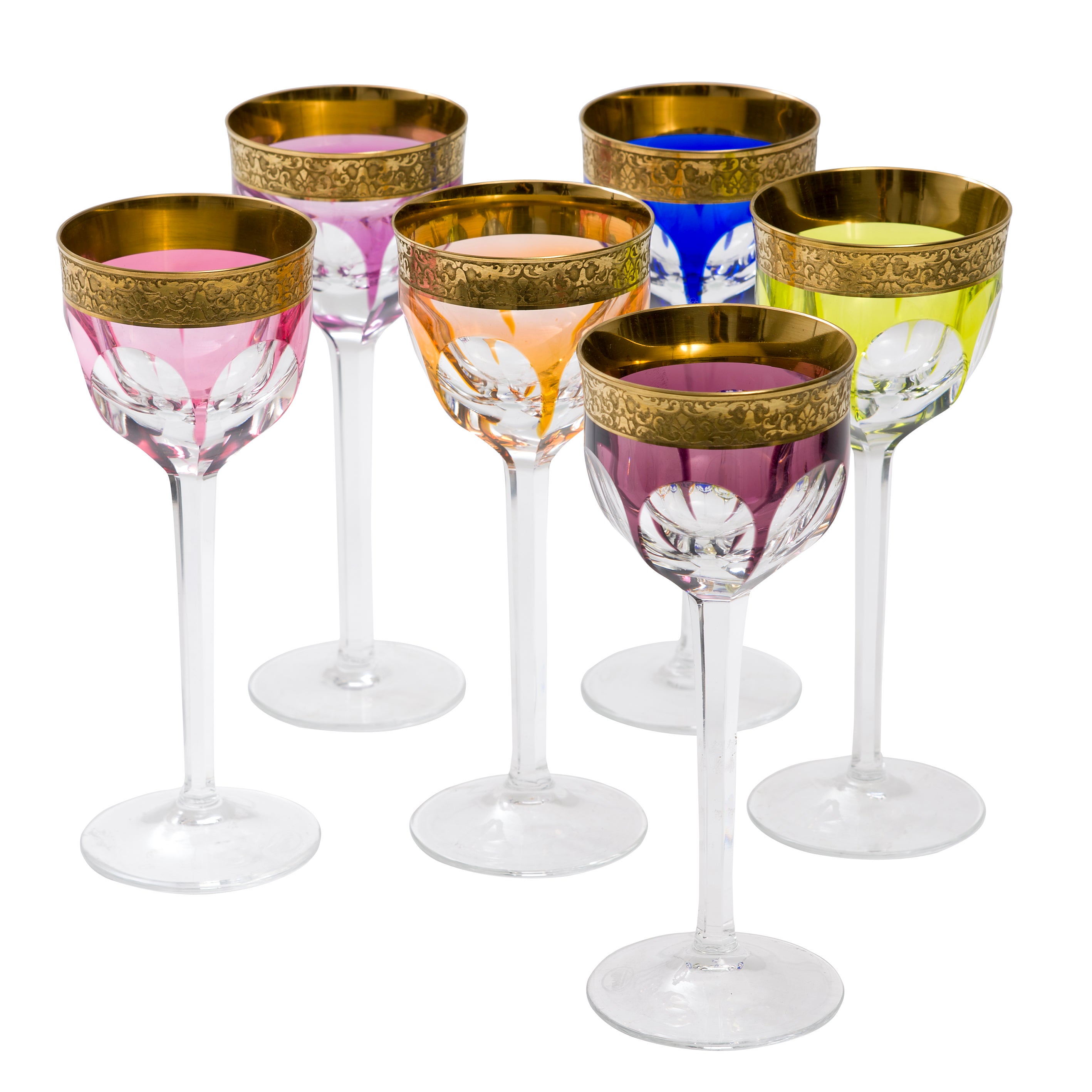 Set of 6 Fine Quality Harlequin Cut Crystal Glasses, stamped Moser