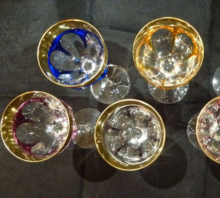 Czech Set of 6 Fine Quality Harlequin Cut Crystal Glasses, stamped Moser