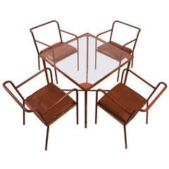 Jacques Adnet Leather Clad Steel Card Table & Four Chairs c.1950