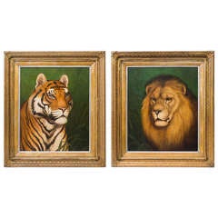 Pair of Wonderful English 19th Century Portraits of a Lion & Tiger