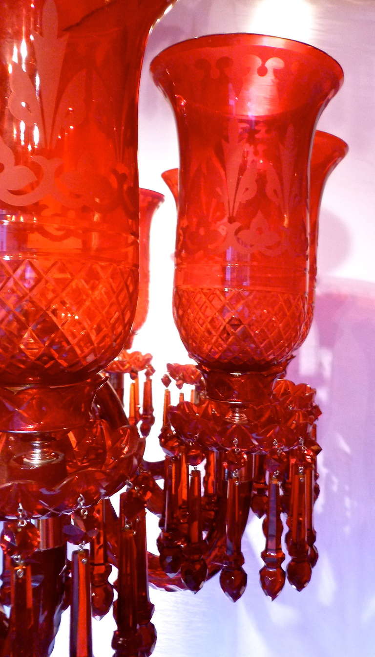 Indian Magnificent Pair of Ruby Red Glass Georgian Style Chandeliers in the manner of F.C Orsler