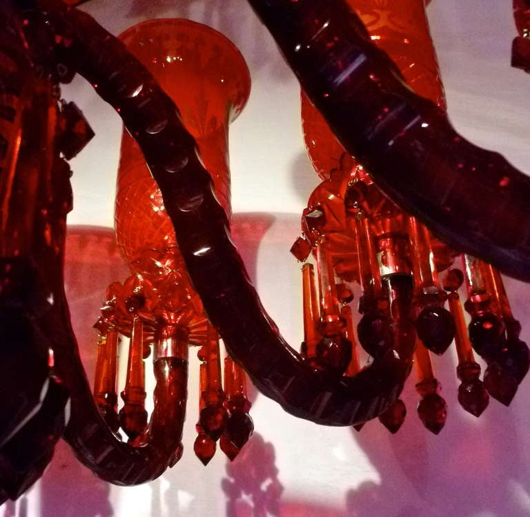 Etched Magnificent Pair of Ruby Red Glass Georgian Style Chandeliers in the manner of F.C Orsler