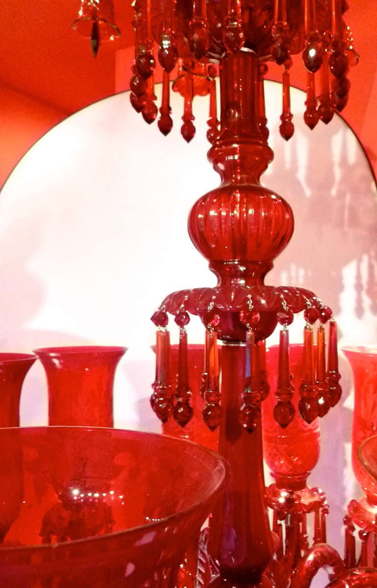 Contemporary Magnificent Pair of Ruby Red Glass Georgian Style Chandeliers in the manner of F.C Orsler