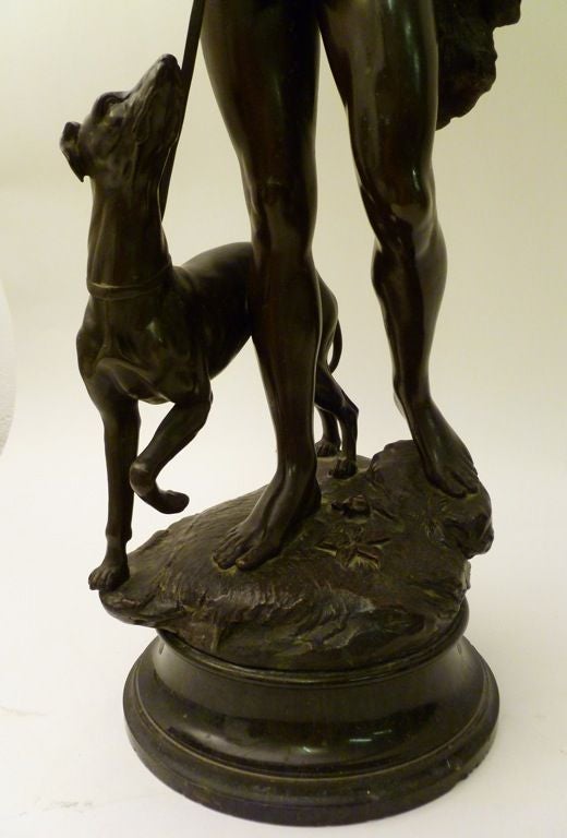 Pair of French Bronze Sculptures of Diana & Actaeon with Hounds on Marble Socles - both signed A. Mayer.<br />
Diana - portrayed here as the tall and slim huntress, wears a short tunic and has her hair tied back with a crescent moon worn over her
