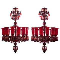 Magnificent Pair of Ruby Red Glass Georgian Style Chandeliers in the manner of F.C Orsler