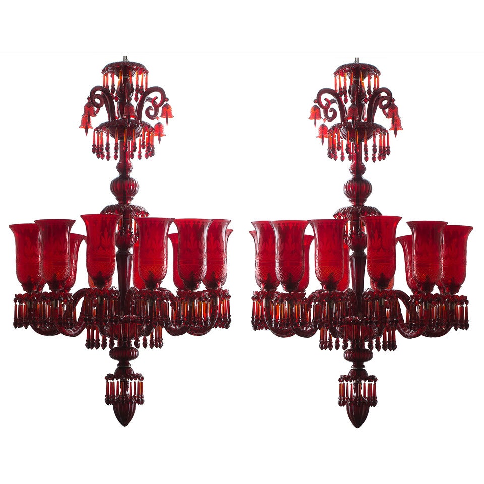 Magnificent Pair of Ruby Red Glass Georgian Style Chandeliers in the manner of F.C Orsler