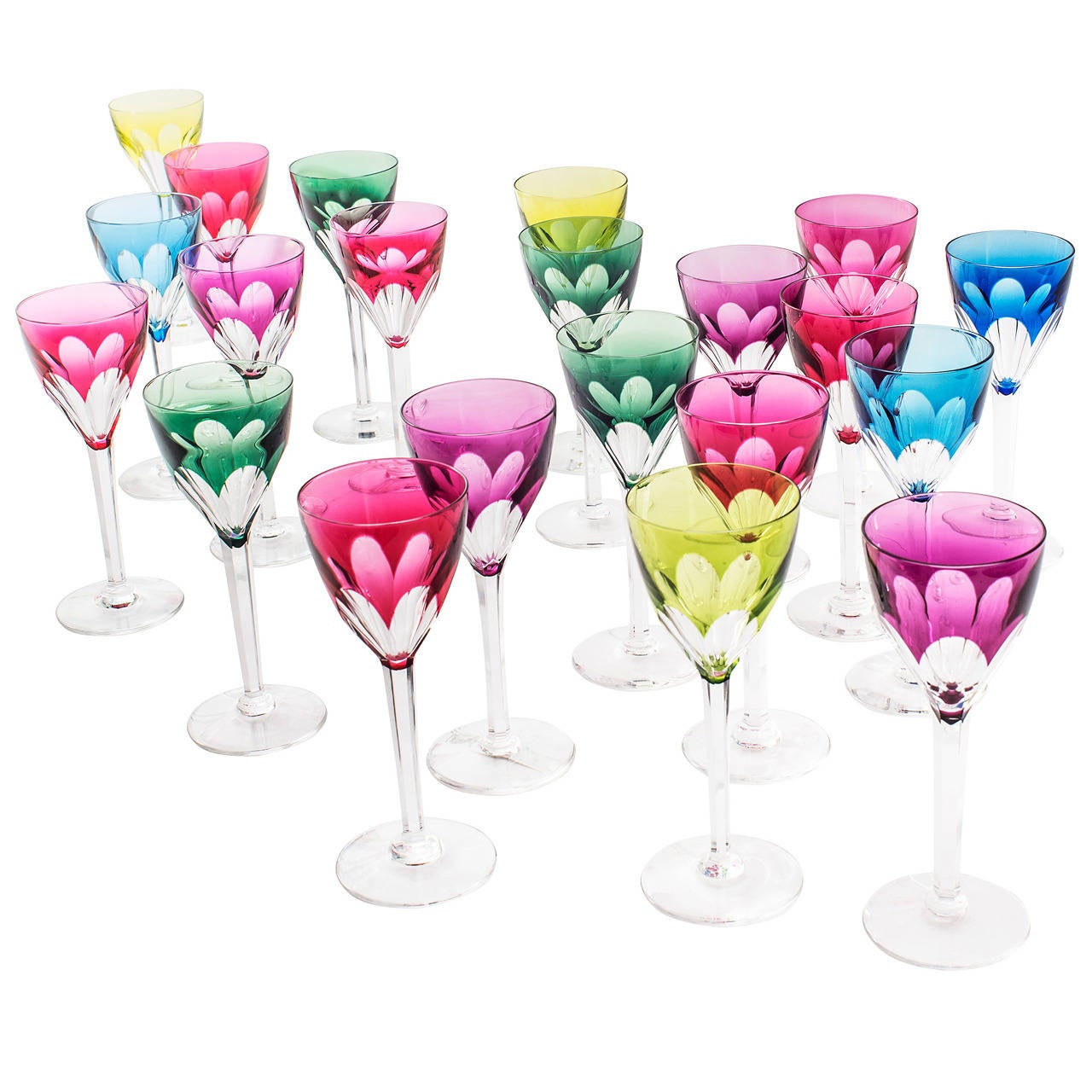 Harlequin Set of 26 Val St Lambert Saint Lambert Jewel Tone Wine Glasses