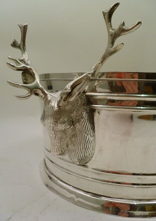 English Silver Plate Large Oval Wine Cistern with Cast Stags Head Handles