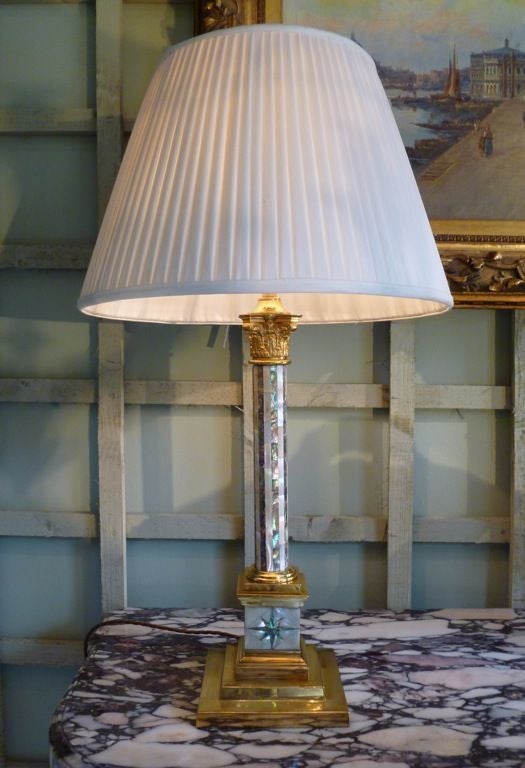 Edwardian Brass and Mother of Pearl Inlay Column Lamp