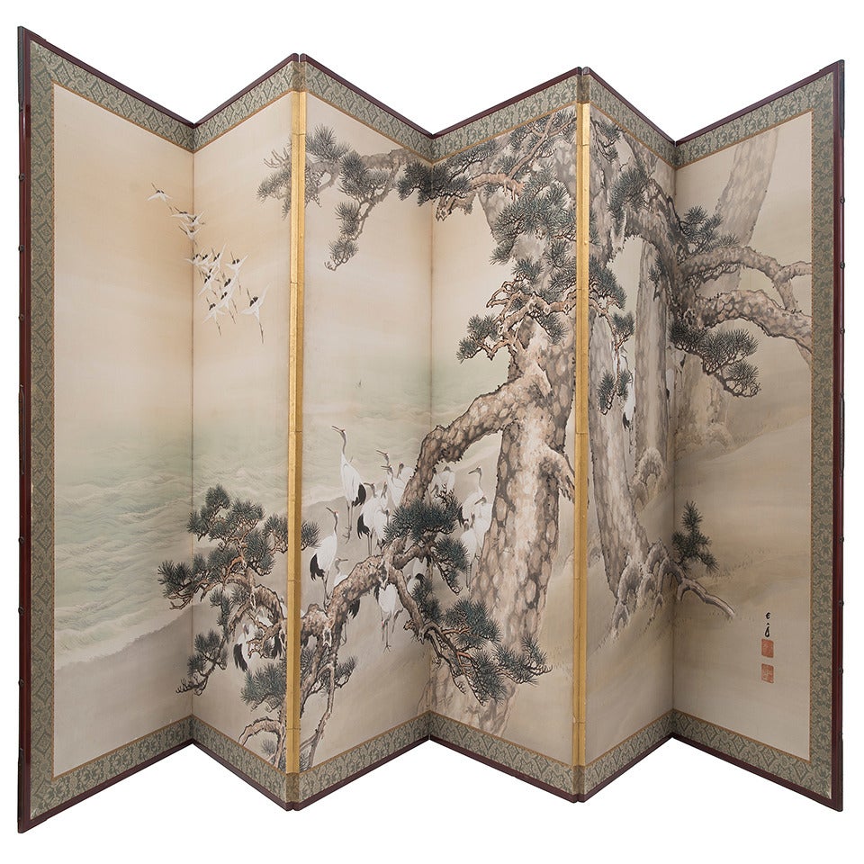 Exquisite Late 19th Century Japanese Six Fold Screen