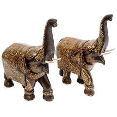 Used Pair of Richly Decorated Caparisoned Rosewood Indian Elephants c.1890