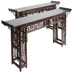 Antique Pair of Chinese Bamboo Geometric Design Altar Tables, circa 1900
