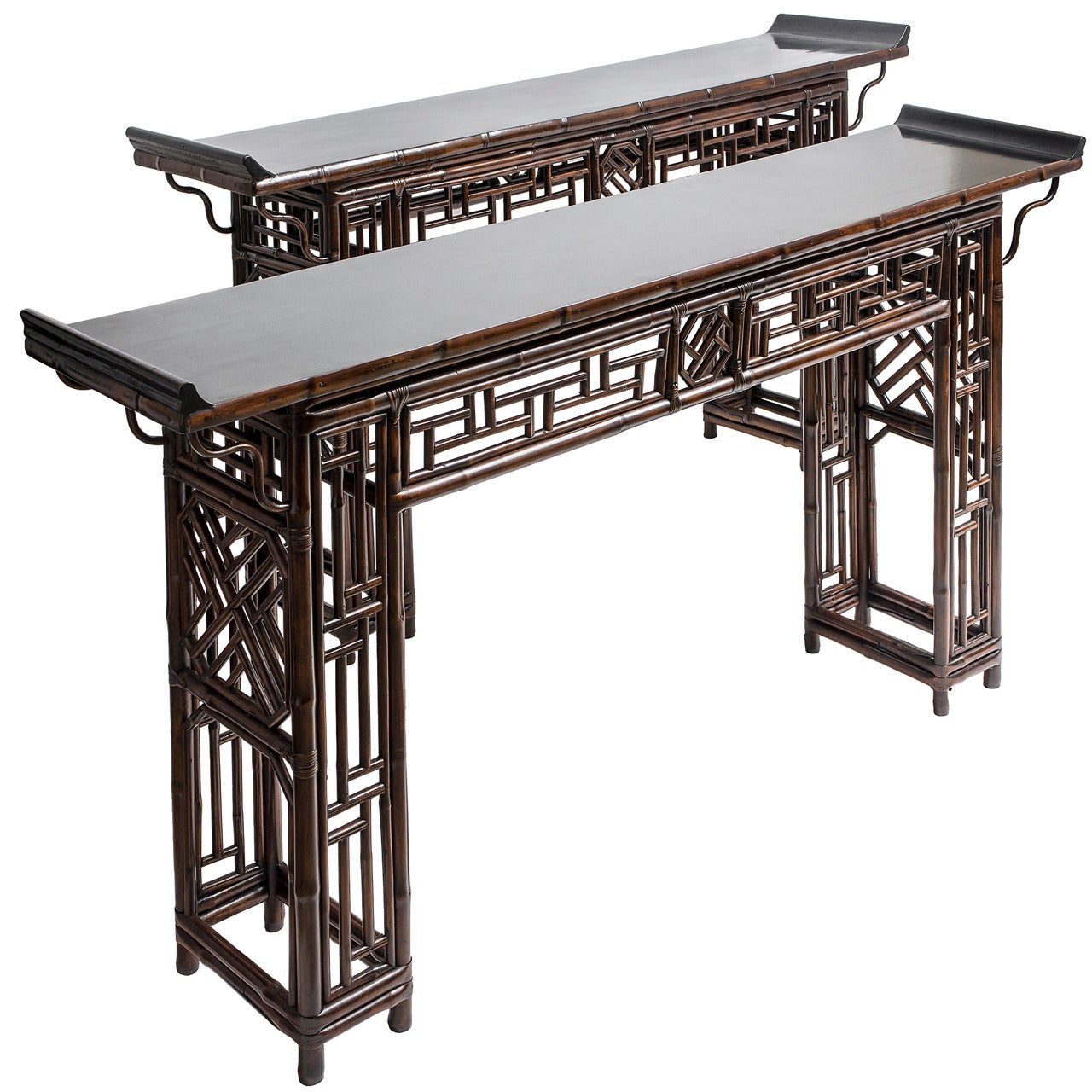 Pair of Chinese Bamboo Geometric Design Altar Tables, circa 1900