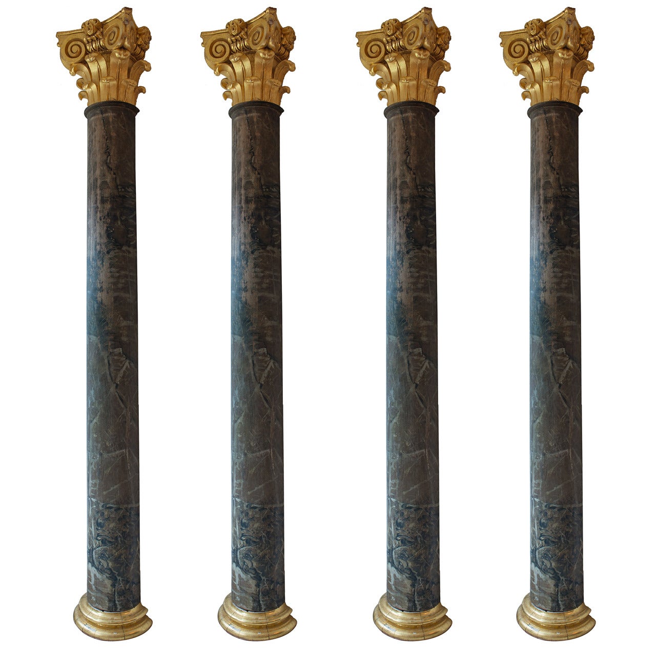 Set of Four Belgian Marbleized Pilasters with Giltwood Capitals, 18th Century For Sale