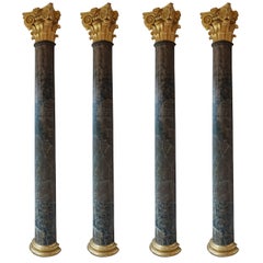 Set of Four Belgian Marbleized Pilasters with Giltwood Capitals, 18th Century
