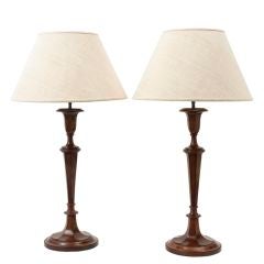 Pair of Large Mahogany Candlesticks as Lamps