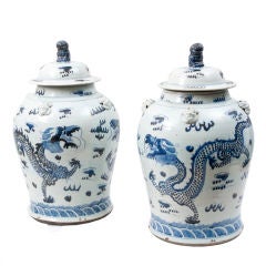 Pair of Chinese Blue and White Temple Jars