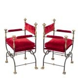 Antique Pair of Italian Wrought Iron and Brass Armchairs