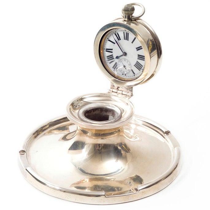 Captain's Silver Clock Inkwell