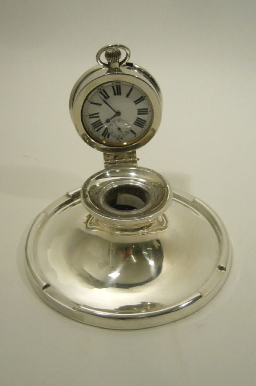 English Captain's Silver Clock Inkwell