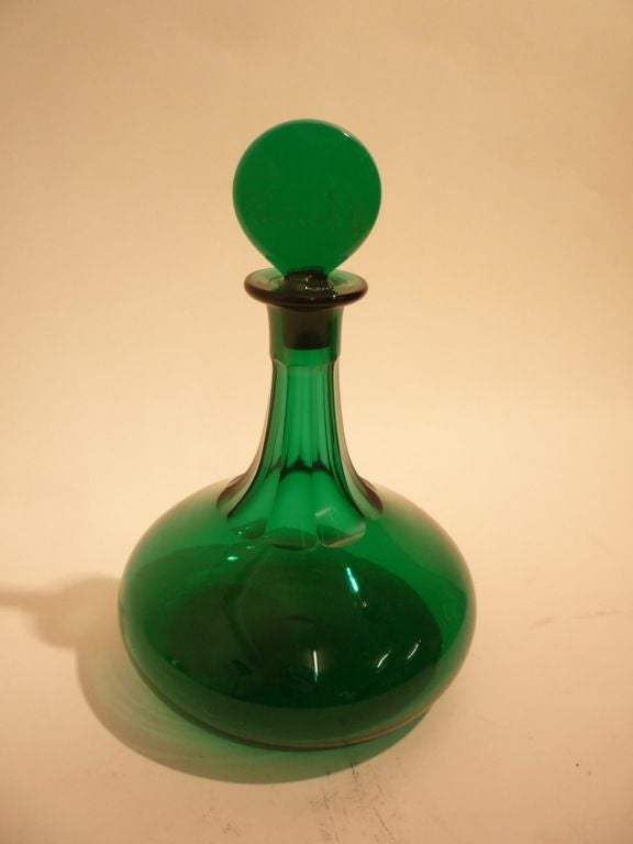Set of 3 Victorian Bristol Green Glass Ship’s Decanters with Stoppers engraved Whisky/Brandy/Sherry c.1850