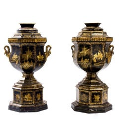 Pair of Chinoiserie Tole Enameled Urns