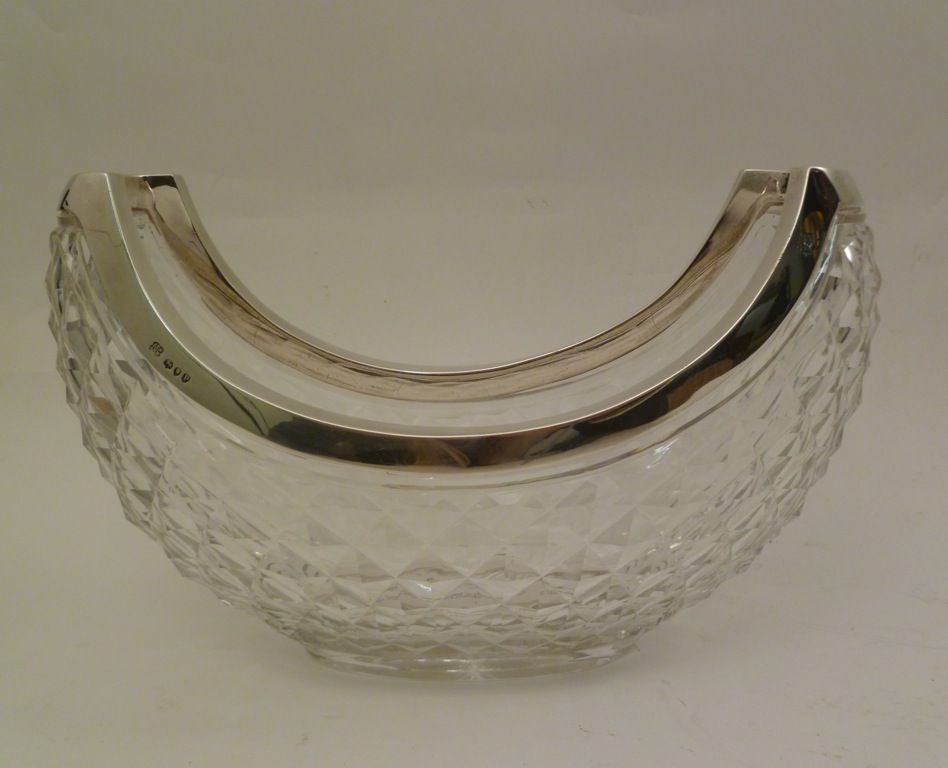Victorian Silver Mounted Cut Crystal Canoe Shaped Bowl. Stamped with makers mark for Middleton & Heath, London 1890.