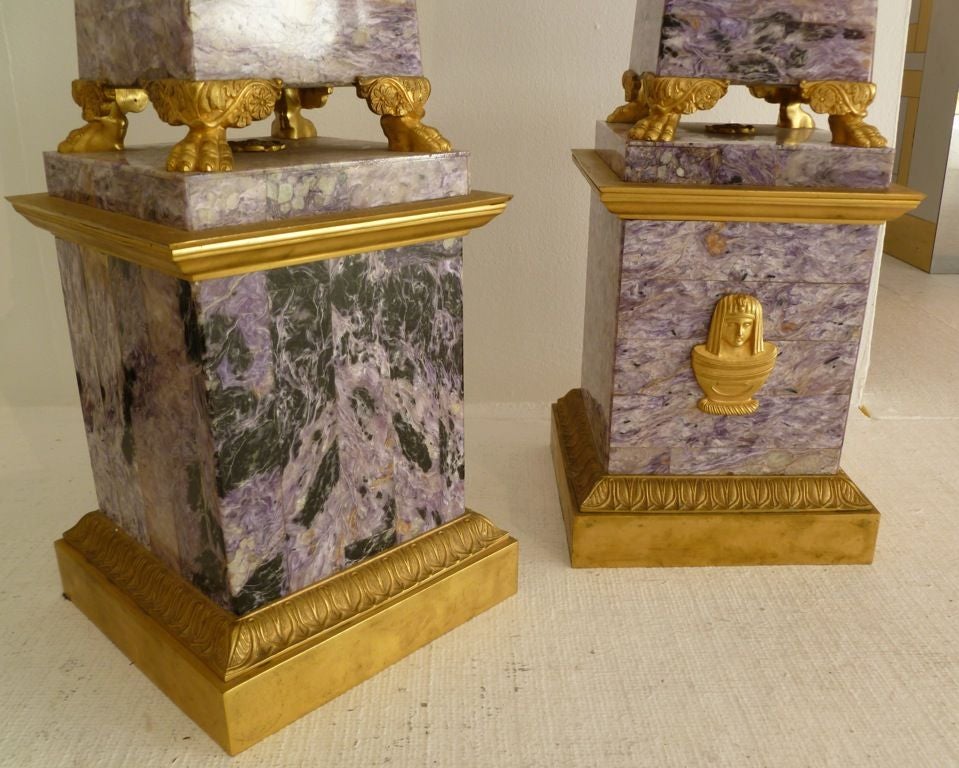 Pair of  Russian Neo-Classical gilt bronze and fluorspar veneer obelisks.