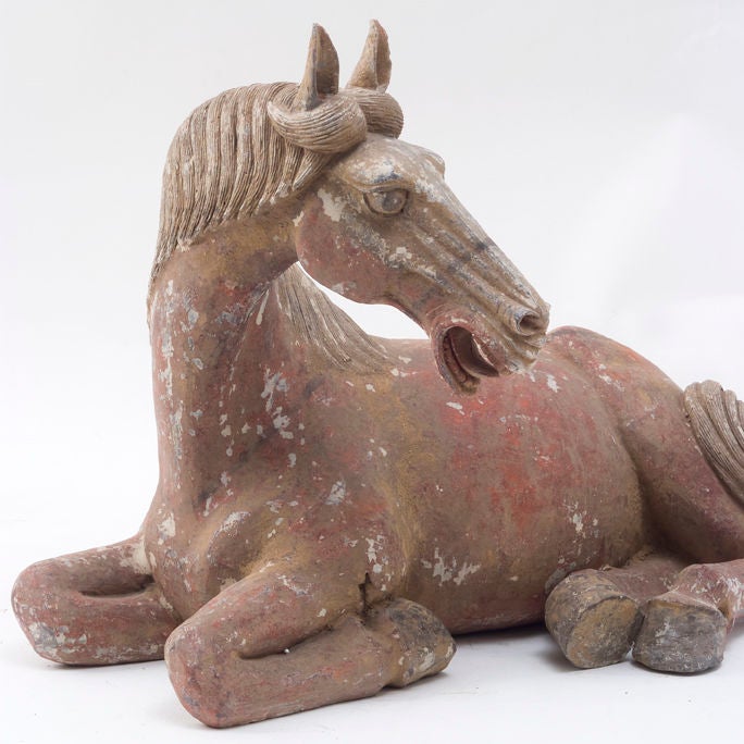 Chinese Tang Dynasty Painted Pottery Resting Horse.<br />
With Finely Detailed Maine & Tail<br />
<br />
Dating consistent with Thermoluminescence Report: Test Certificate: CityU HK Ref -  02131