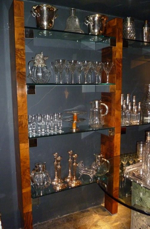 PE-419 Paul Evans Patchwork Burr Walnut Veneer Triple Pilaster Shelf Unit with glass shelves with Chrome Supports, Cityscape series for Directional Furniture Co. c1960. 209 cms long by 215 high and 26 deep