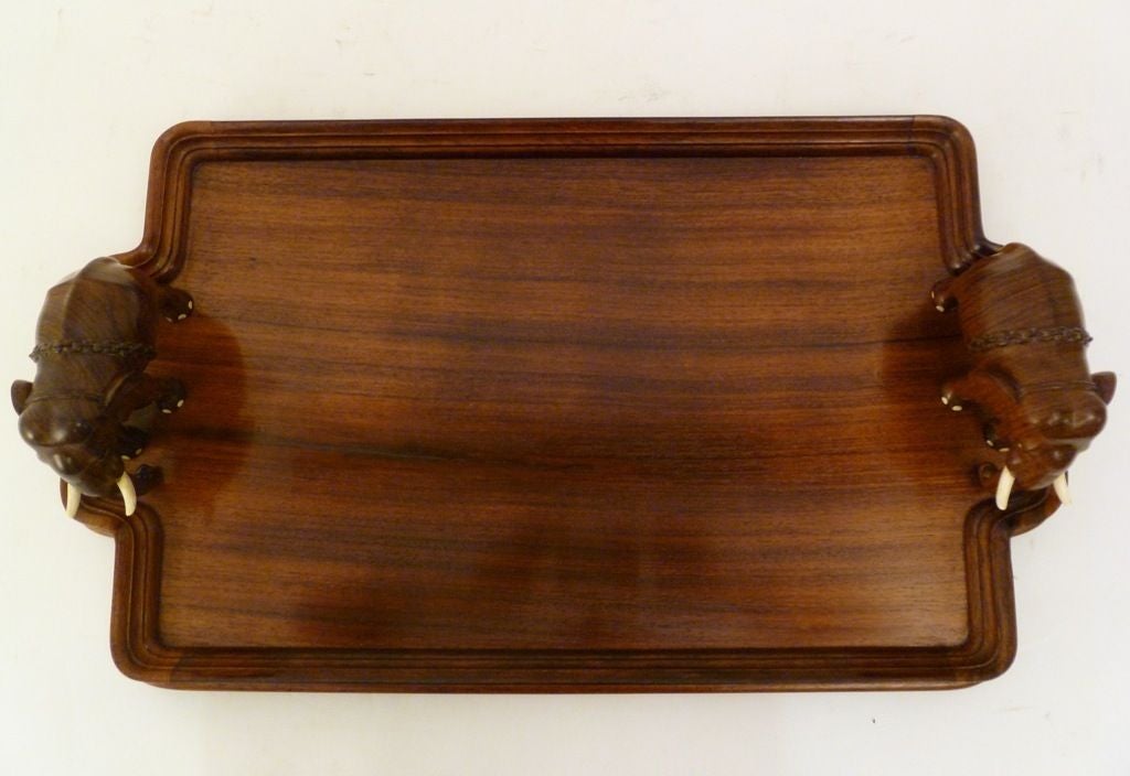 Anglo Indian Carved Teak Tray with Elephant Handles, probably retailed by Liberty c.1920