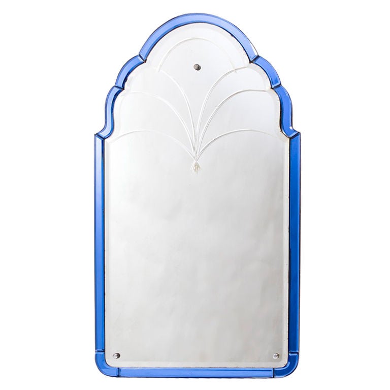 Edwardian Arch Top Mirror with Blue Glass Border