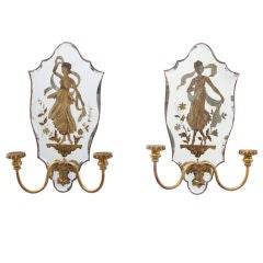 A Pair of French Eglomise Decorated Mirror Back Wall Sconces
