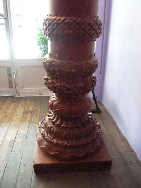A Pair of Large Indian Carved Acacia Wood Columns, with Corinthian Inspired Capitals<br />
Bases 20