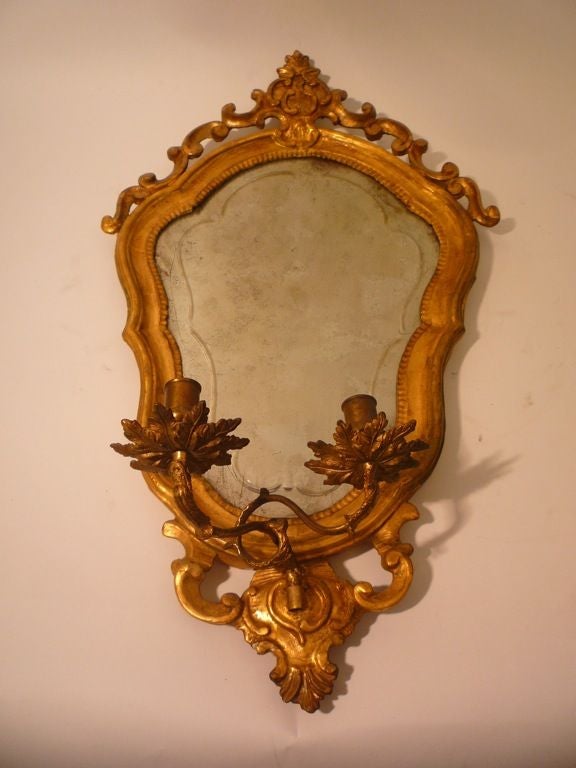 Pair of Shield Shaped Giltwood Mirror Back Wall Sconces