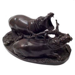 Continental Late 19thC Bronze Animalier Group of “Wallowing Hippopotamus” signed J.Haehnel