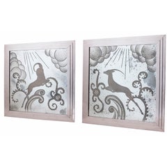 Pair of American Art Deco Engraved Mirrored Panels