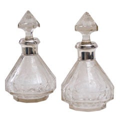 Pair Fine Conical Decanters with Grape and Vine Engraving