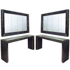 Pair Murano 70's Black Glass Console Tables & Mirrors