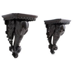 Pair Carved Elephant Head Wall Brackets