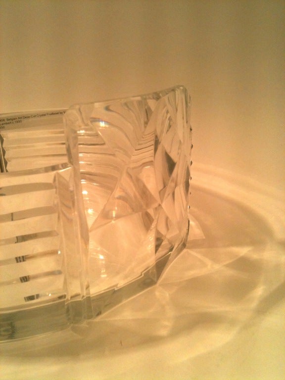 Belgian Art Deco Cut Crystal Fruitbowl by Val StLambert. <br />
Finely ribbed edges around the diameter of the bowl, two square diamond cut higher panels either side.