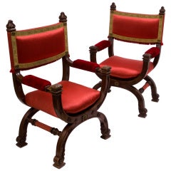 Antique Pair Baronial 'Savonarola' Style Hall Chairs