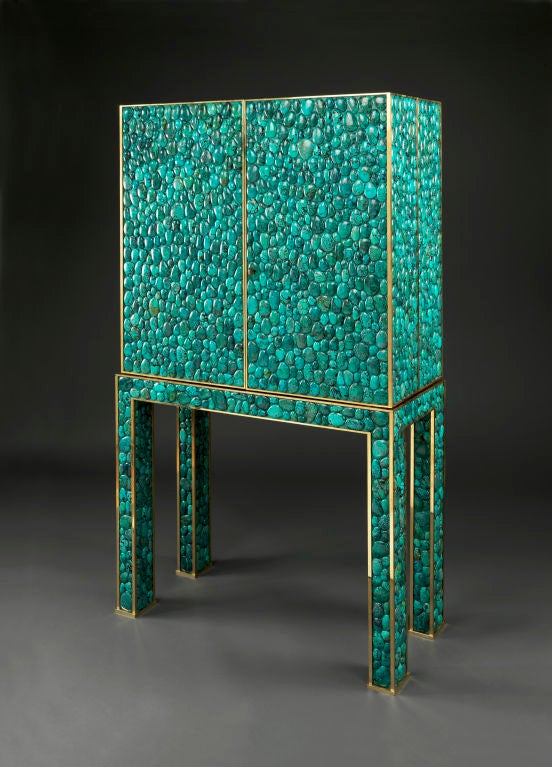 A Superb Pair of Cabinets Applied with Turquoise Stones, signed Kam Tin