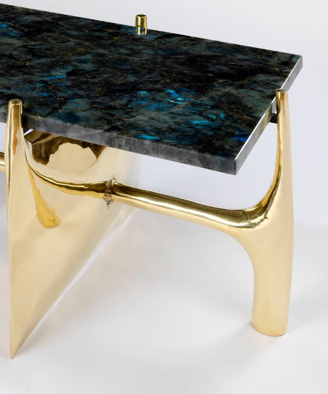 A Low Sculptural Brass Table with Rare Blue Labrodorite Top by Philippe Hiquily.<br />
<br />
Signed 'Hiquilly' and numbered 2/3.