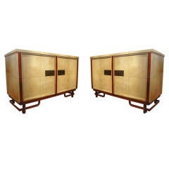 Pair of Leather and Vellum Commodes