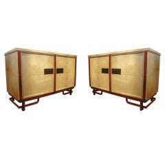 Pair of Leather and Vellum Commodes