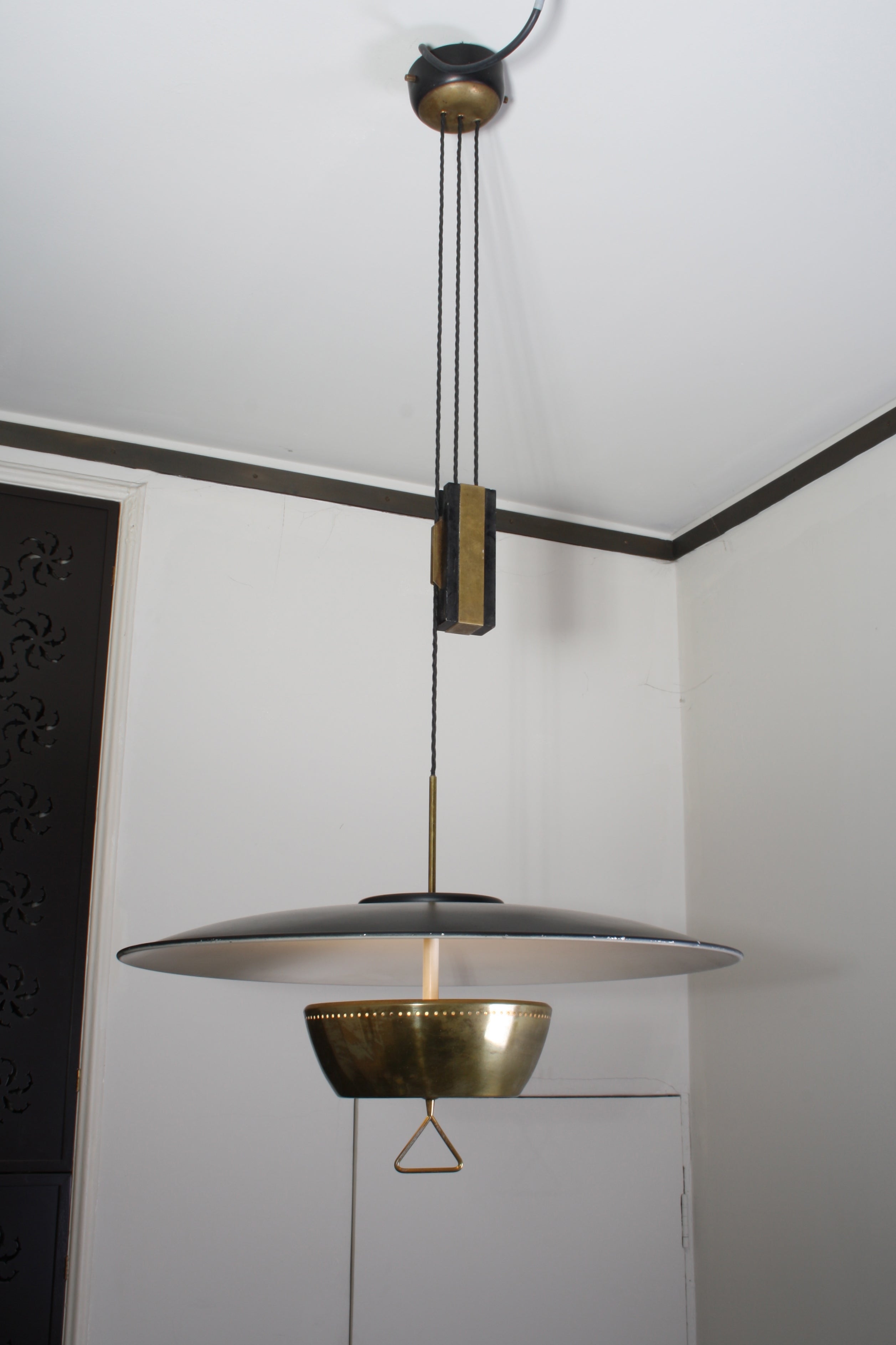A brass, glass and painted metal ceiling light by Sciolari For Sale