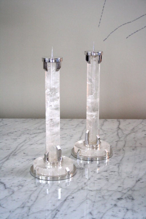 Sterling silver and rock crystal candlesticks by Paul Belvoir