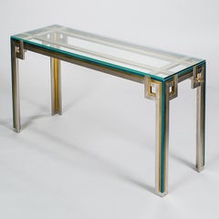 Console Table with Green Lacquered Details and Glass Top